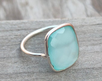 summer gift tags summer ring minimalist Boho Statement Ring -Aqua calcy Sterling Silver Ring  -Aqua chalcedony -Rings, minimalist, gift