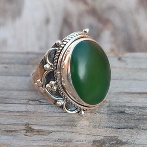 Boho Green Jade Sterling Silver Ring - Handmade Bohemian Jewelry
