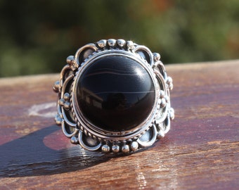 Black Onyx Sterling Silver Ring - Handcrafted Boho Statement