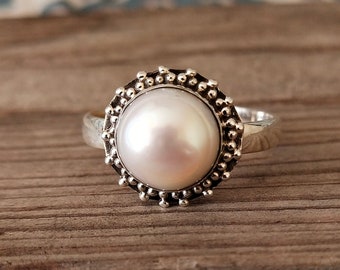 Boho Statement Ring | Pearl Sterling Silver Ring | Handmade Bohemian Ring | Boho Ring | Pearl Ring | Bezel Jewelry | Rings for Gift