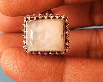 Moonstone Boho Ring - Rainbow Moonstone Sterling Silver Ring - Hand Crafted Bohemian Ring-Bohemian Ring - Square Shape Moonstone ring ,Gift