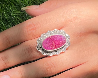 Pink Druzy Sterling Silver Ring - Handmade Boho Statement Jewelry