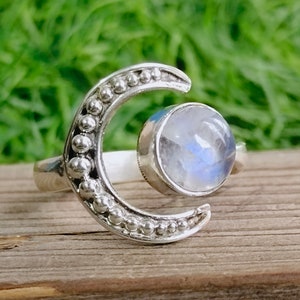 Moonstone Natural Gemstone Moon Shape Boho Statement Ring-Hand Crafted Bohemian Ring- Bohemian Ring - Sizable Ring - Gifts for her Moonstone