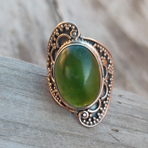 Boho Statement Ring - Green Jade Sterling Silver Ring - Hand Crafted Bohemian Ring-Bohemian Ring - Green Jade - Rings -Gift for