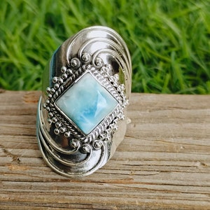 Larimar Natural Gemstone Ring -925 Sterling Silver Ring - Hand Crafted Bohemian Ring- Blue  Larimar  Ring- Rings - Gifts for her -Gifts