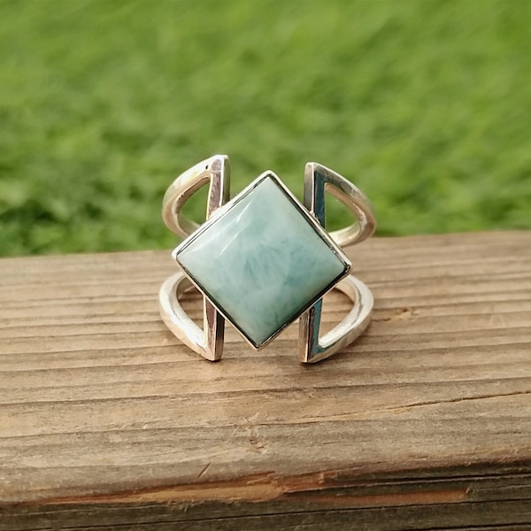 Larimar Natural Gemstone Ring -925 Sterling Silver Ring - Hand Crafted Bohemian Ring- Blue  Larimar  Ring- Rings - Gifts for her -Gifts