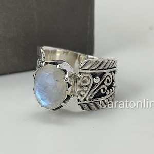 Bague bohème pierre de lune - Bague en argent sterling avec pierre de lune arc-en-ciel - Livraison gratuite bague cadeau minimaliste bijoux fait main best-seller