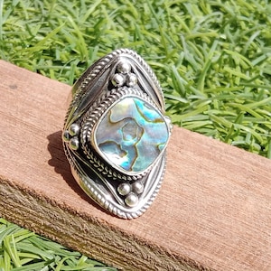 Abalone Shell Sterling Silver Ring: Handmade Boho Statement Jewelry