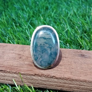 Moss Agate Sterling Silver Ring: Handcrafted Boho Statement Jewelry
