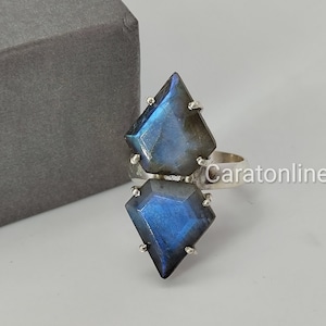 Ring dubbele steen labradoriet - 925 sterlingzilveren ring - dubbele edelsteenring - handgemaakte boho-ring - labradoriet edelsteen