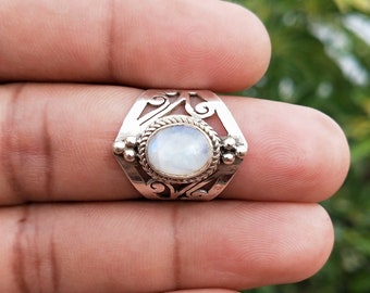 Boho Rainbow Moonstone Ring: Handcrafted Sterling Silver Bohemian Jewelry