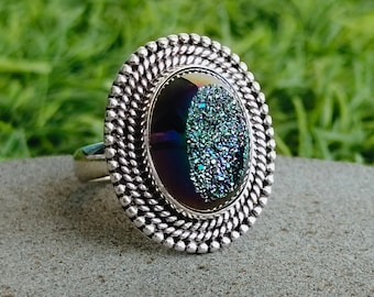 Blue Druzy Sterling Silver Ring - Handcrafted Boho Statement