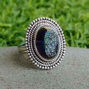 Blue Druzy Sterling Silver Ring - Handcrafted Boho Statement