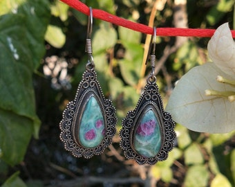 Ruby Fuchsite Sterling Silver Handmade Earring Ruby Fuchsite  Stone Daily wearable Earrings in Tear Drop Shape Boho Earrings Gift for Her