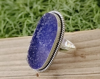 Handcrafted Sterling Silver Blue Druzy Ring - Boho Statement Jewelry