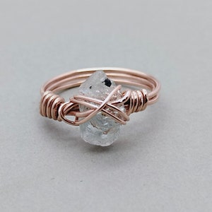 Aquamarine stone sterling silver rose gold plated ring wired ring Raw Gemstone Ring Hand Crafted Bohemian Ring summer gift image 1