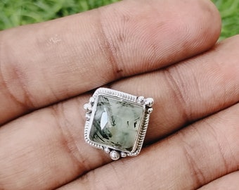 Handcrafted Sterling Silver Prehnite Ring: Square Bohemian Gemstone