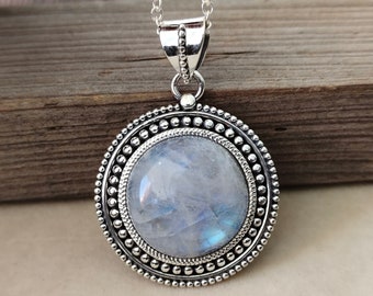 Rainbow Moonstone Pendant: Handmade 925 Sterling Silver Boho Jewelry