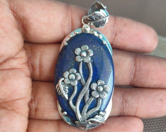 Natural Lapis Lazuli pendant , handcrafted bohemian pendant , lapis stone pendant , flower designed pendant , big size pendant , bohemian