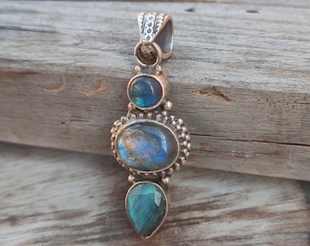 Handmade Sterling Silver Labradorite Triple Pendant, Boho Jewelry