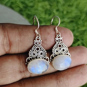 Rainbow Moonstone 925 Sterling Silver Handmade Earring Rainbow Moonstone Oval Shape Silver Earrings  Boho Earrings Gift for Her