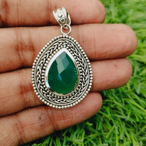 Green Onyx Natural Gemstone  Pendant in Solid 925-Sterling Silver | Gorgeous Handmade Green Onyx Pendant | Boho Pendant Gift for Her - Green