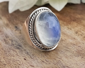 Moonstone Boho Ring - Rainbow Moonstone Sterling Silver Ring - Hand Crafted Bohemian Ring-Bohemian Ring - Rainbow Moonstone- Rings -Gift for