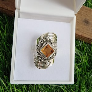 Citrine Boho Ring: Square Gemstone, 925 Sterling Silver