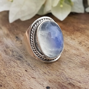 Moonstone Boho Ring - Rainbow Moonstone Sterling Silver Ring - Hand Crafted Bohemian Ring-Bohemian Ring - Rainbow Moonstone- Rings -Gift for