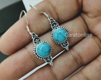 Örhängen i sterlingsilver med turkosmotiv: Runda boho-hängande örhängen