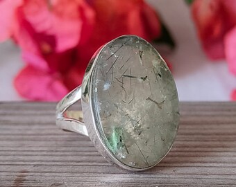 Green Rutile Quartz Sterling Silver Ring , 925 Silver gemstone ring , boho wedding ring , Silver rings , handmade ring , Gift for her