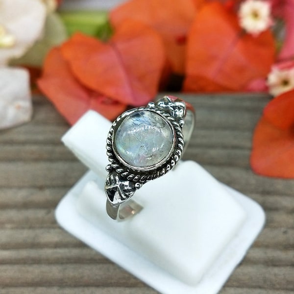 Boho  Ring - Rainbow Moonstone Sterling Silver Ring - Hand Crafted Bohemian Ring-Bohemian Ring - Rainbow Moonstone  - Rings -Gift for her