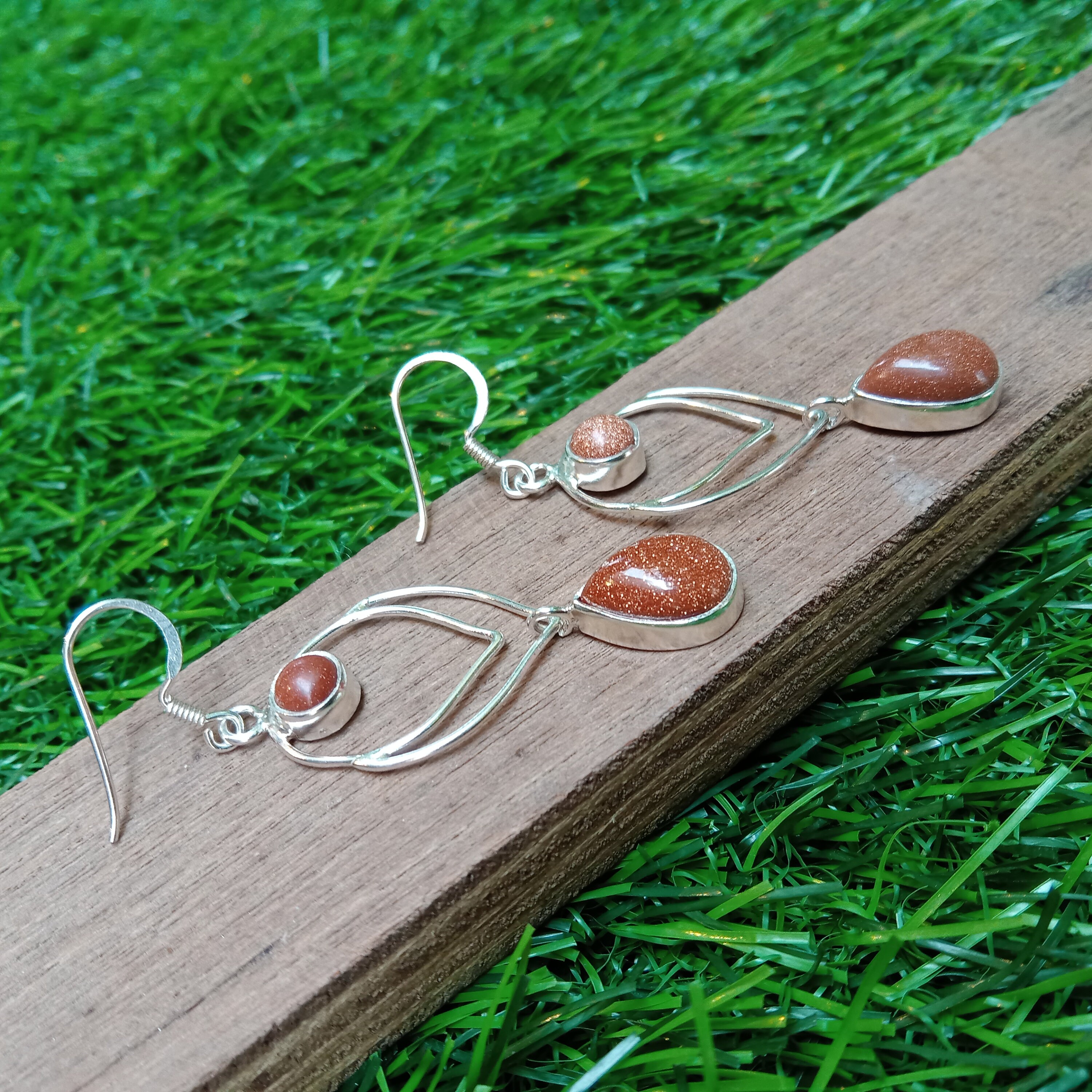 Orecchini A Pera In Pietra Sole (Sunstone) Di Grado A+ Con Macchie D'Oro - Argento 925 - Eleganti E Femminili - 3.5 Cm