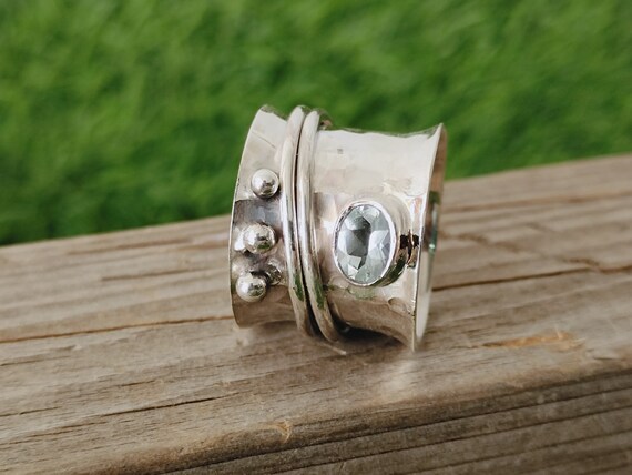 Aquamarine Stone Spinner Ring: Sterling Silver Bohemian Band