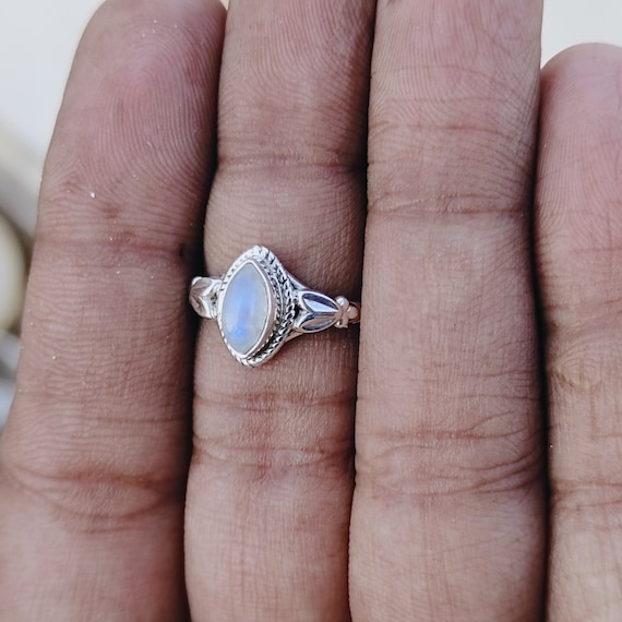 Boho Rainbow Moonstone Ring: Marquise Sterling Silver Bohemian Jewelry-  Handmade- Bohemian style Gift for women Handcrafted Jewelry