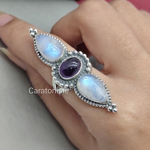 Moonstone and Amethyst Tripple stone ring ,925 sterling silver, Tripple stone, handmade bohemian ring ,Moonstone and Amethyst silver ring