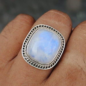 Moonstone Boho Ring - Rainbow Moonstone Sterling Silver Ring - Hand Crafted Bohemian Ring - Rainbow Moonstone- free shipping ring- Square