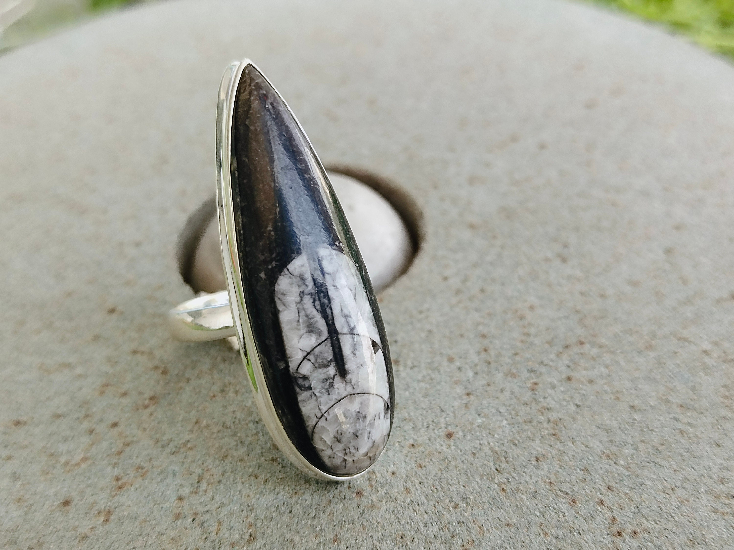 Bague En Argent Massif Avec Orthoceras Fossile Et Opale De Feu Naturelle - Taille 53 - Neuf