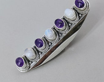 Amethyst and Moonstone  Sterling Silver Ring - wedding summer gifts - 7 Stones Ring - Amethyst and Moonstone- Rings- Long Ring