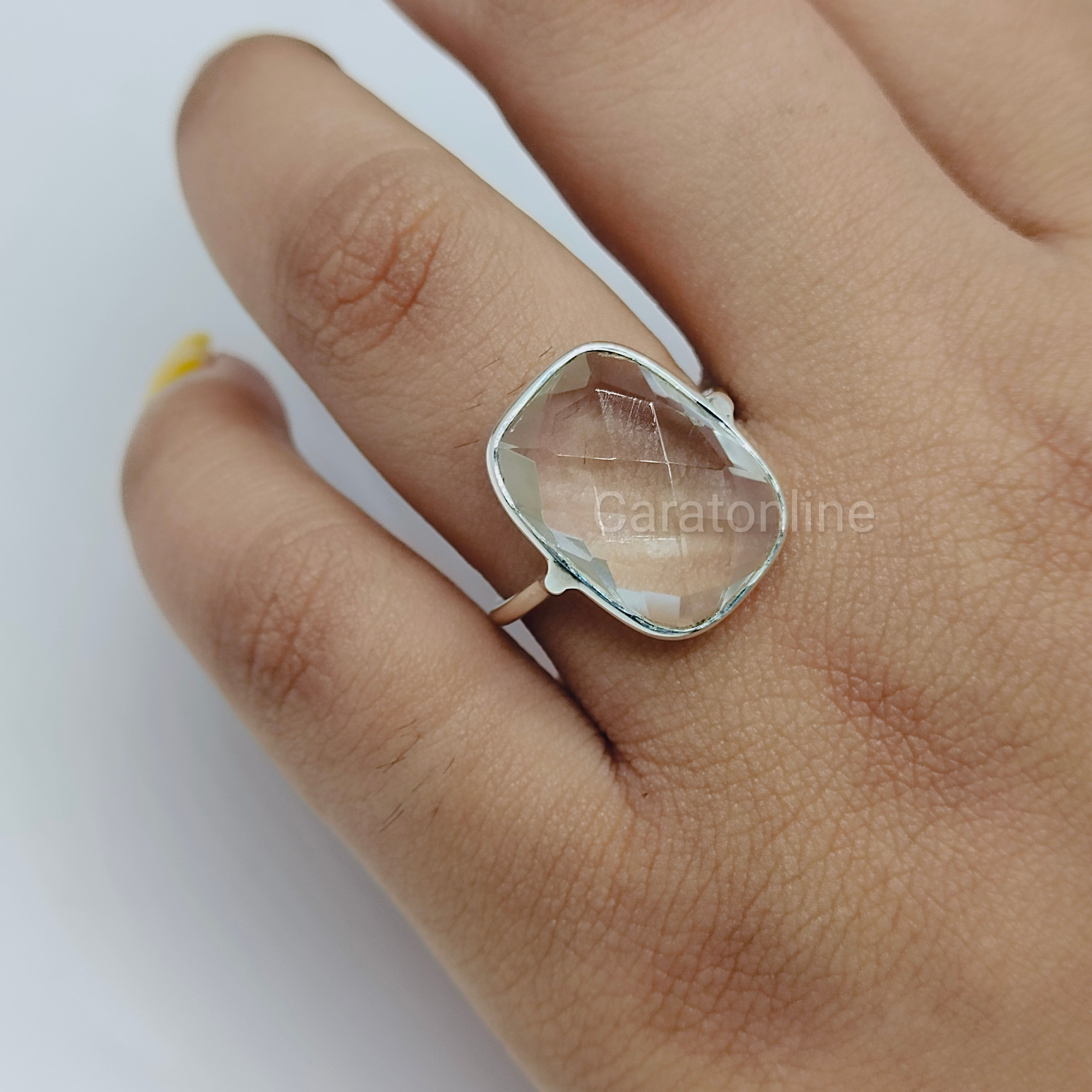 Clear Quartz Glass Stone Sterling Silver Ring , Bezel Silver Clear Quartz Glass Stone Sterling Silver Ring , Bezel Silver