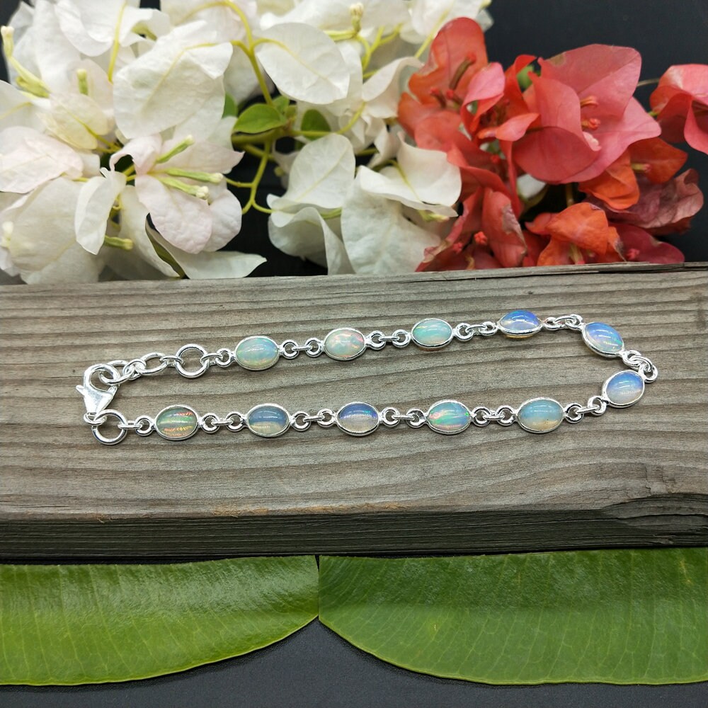 オパール宝石 925 スターリングシルバー ビーズブレスレット - 8インチ