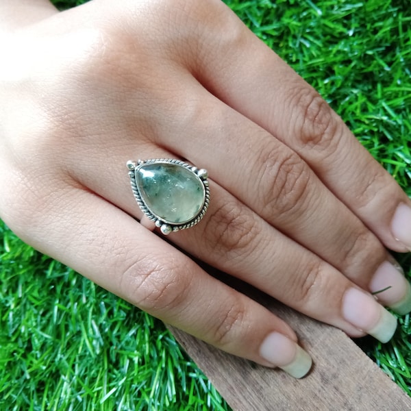 Prehnite Natural Gemstone Ring -925 Sterling Silver Ring - Hand Crafted Bohemian Ring- Prehnite Ring- Rings - Gifts for her -statement ring