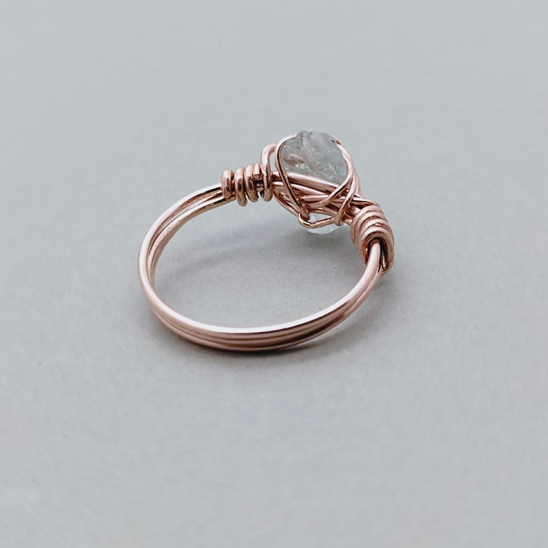 Aquamarine stone sterling silver rose gold plated ring wired ring Raw Gemstone Ring Hand Crafted Bohemian Ring summer gift image 3