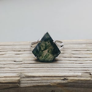 Moss Agate Sterling Silver Ring: Hexagon Boho Statement