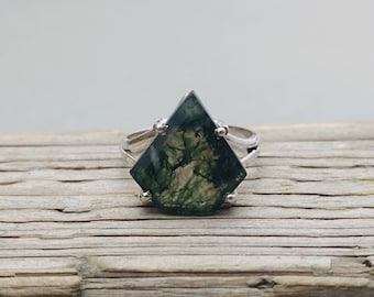 Moss Agate Sterling Silver Ring: Hexagon Boho Statement