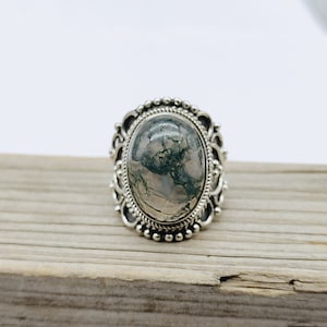 Handcrafted Moss Agate Sterling Silver Ring - Boho Bohemian Jewelry