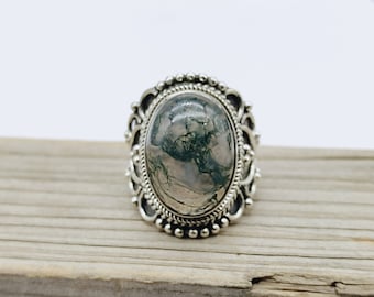 Moss Agate Sterling Silver Ring - Boho Statement Ring - Hand Crafted Bohemian Ring - Bohemian Ring -  Moss Agate Ring - Rings - Gift for her