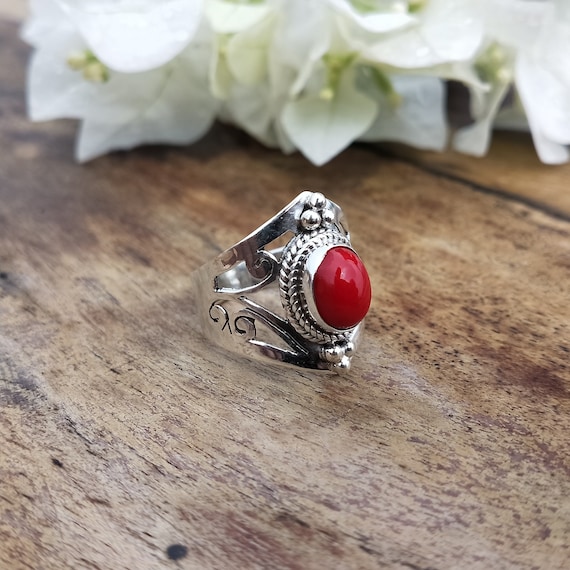 Anillo de declaracion Boho Anillo de plata de ley de coral Anillo boho hecho a mano Anillo boho Anillo de coral natural Anillos para regalo Regalos Etsy Mexico