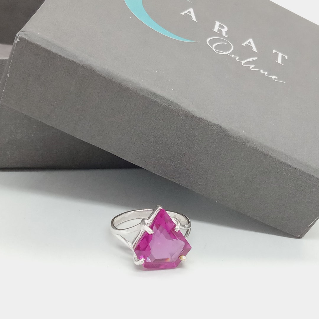 Pink Quartz Glass Stone 925 Sterling Silver Ring Boho Statement Ring