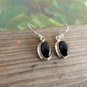 May include: A pair of silver dangle earrings with black oval gemstones. The earrings have a simple design and are perfect for everyday wear.